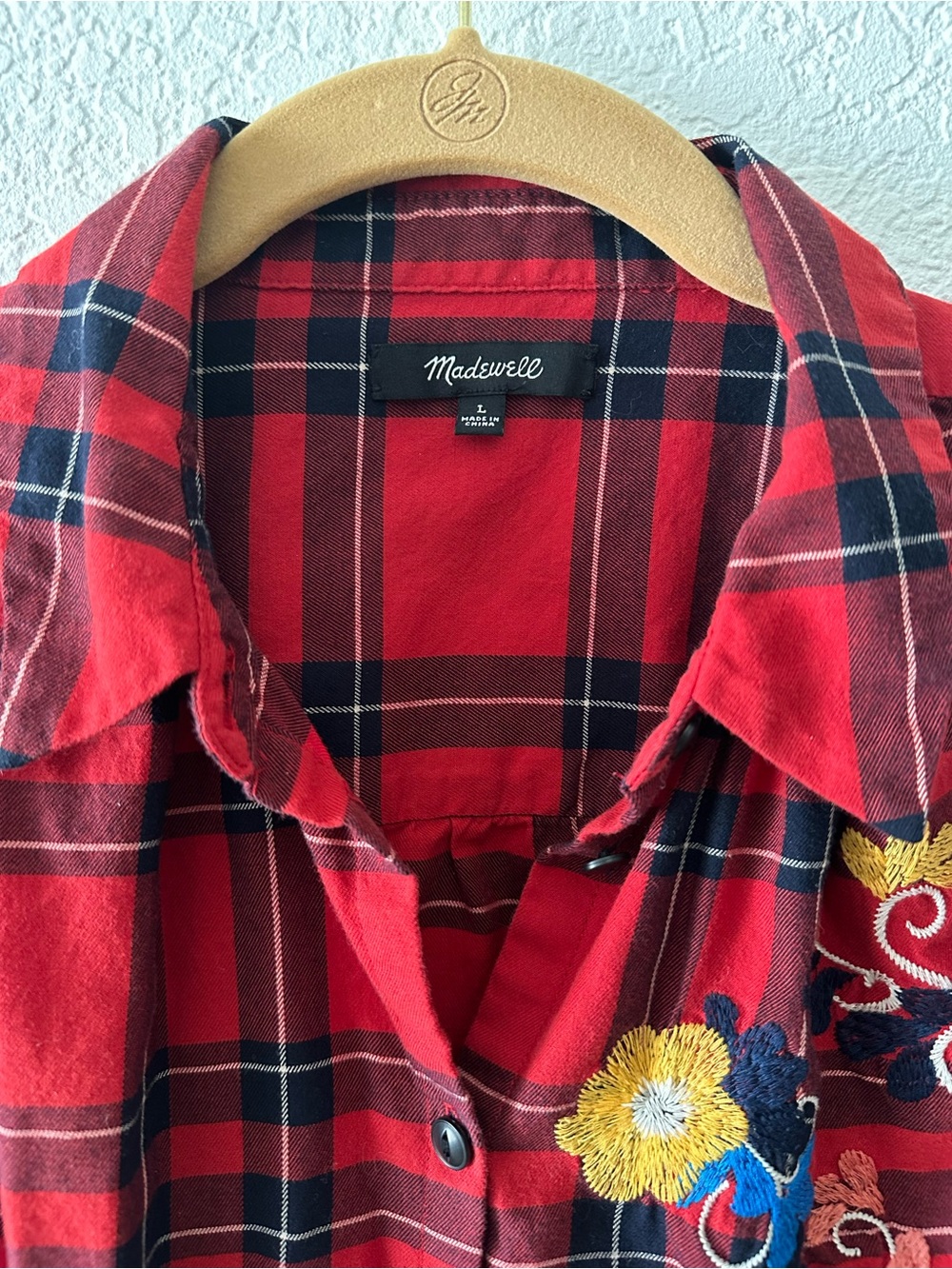 Madewell Red Plaid Button-Up Top with Floral Embroidery - Picture 3 of 4